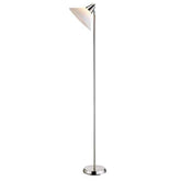 A stylish chrome floor lamp topped with a white shade, ideal for adding elegance and light to a room.